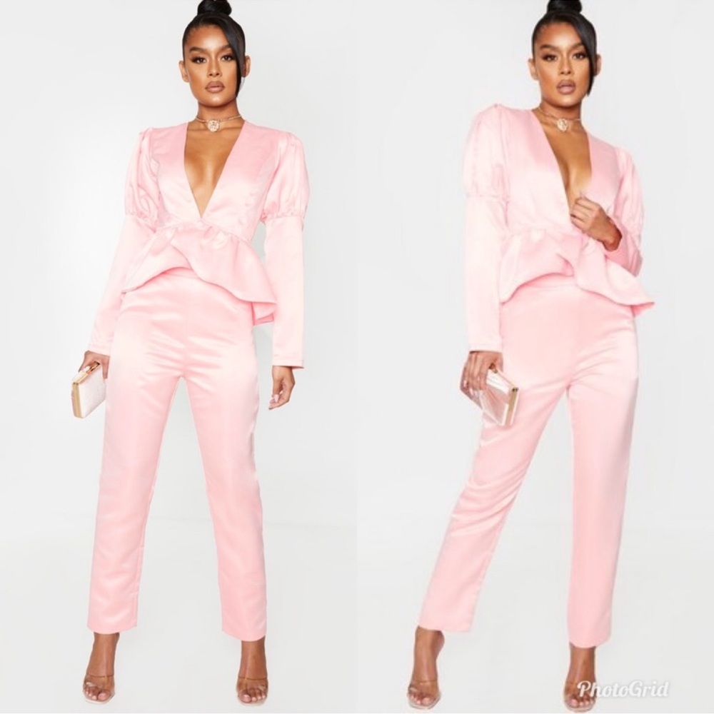 PLT Size 4 Coral Pink Puff Sleeve Hook And Eye Peplum Waist Jacket and Pant Set